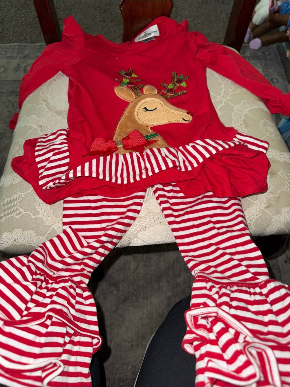 Rare Editions Red & White Reindeer Ruffle Pajama Set
